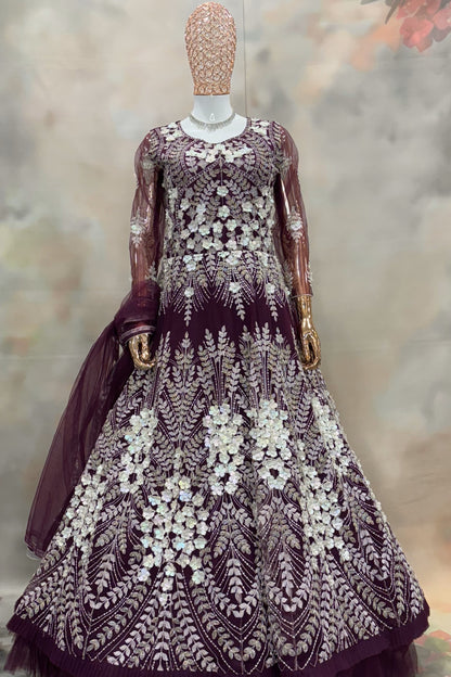 Violet Whimsy Bloom – Sequin Embroidered Net Anarkali with Full Sleeves