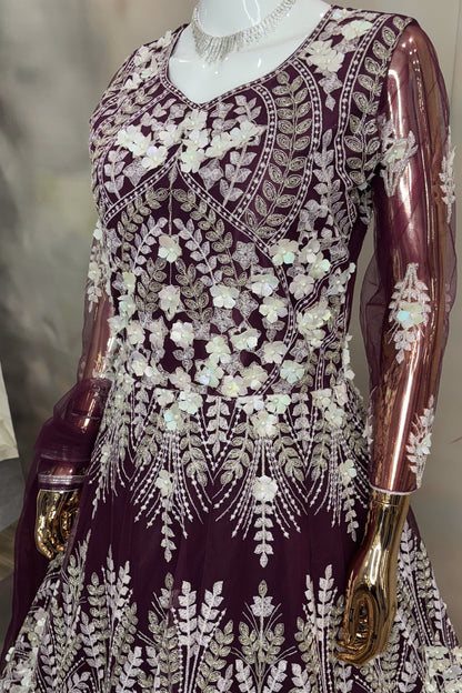 Violet Whimsy Bloom – Sequin Embroidered Net Anarkali with Full Sleeves